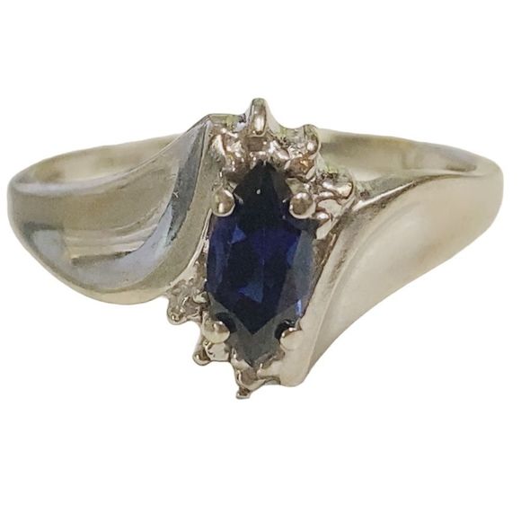 10K White Gold Marquise Blue Sapphire and Tiny 6 Diamonds Ring Size 6 Women’s